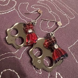 Skull with Red Plaid Rhinestone Bow Earrings